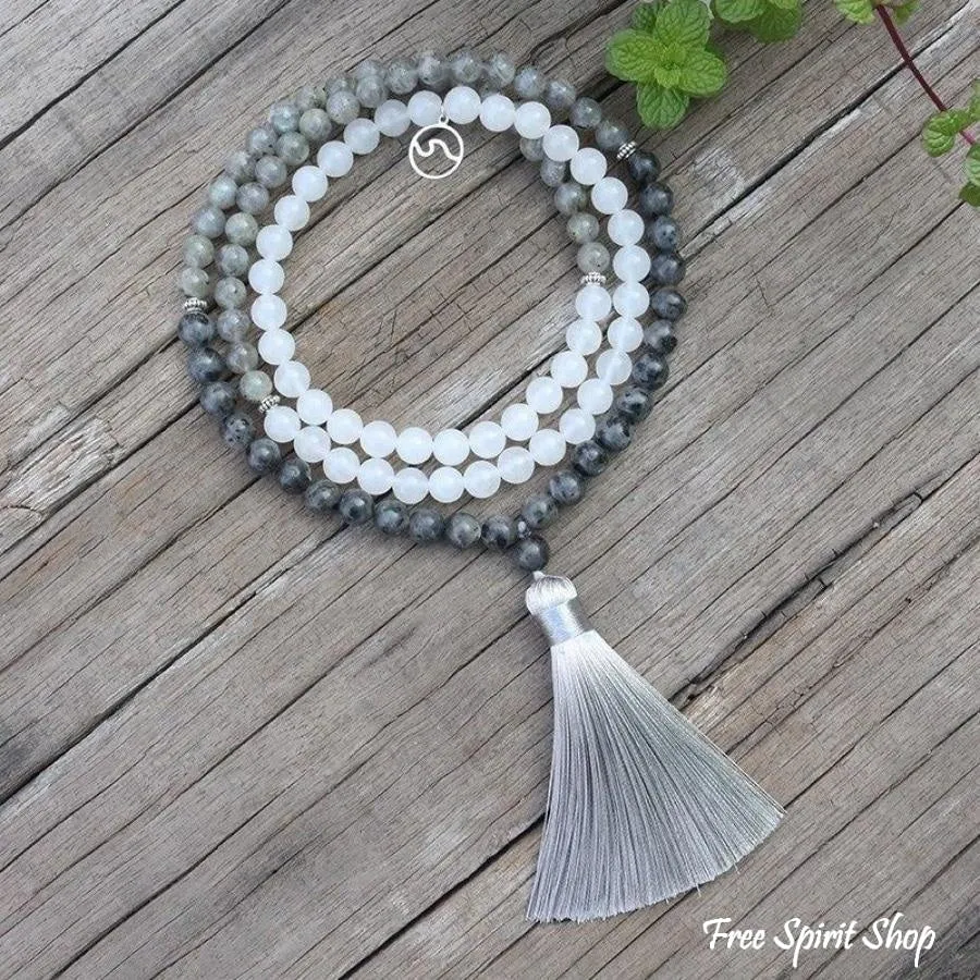 108 Natural Labradorite & White Stone Mala Bead Necklace / Bracelet