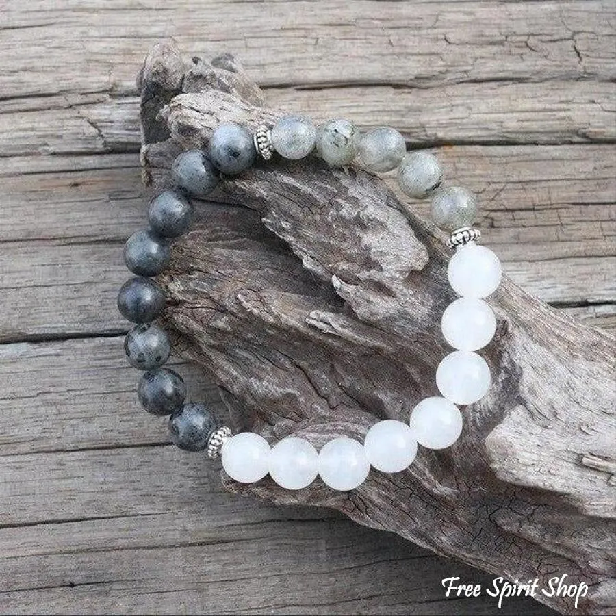 108 Natural Labradorite & White Stone Mala Bead Necklace / Bracelet