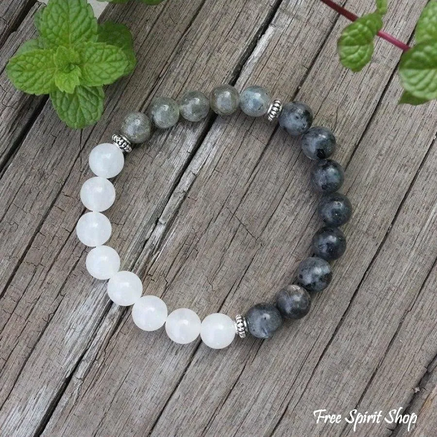 108 Natural Labradorite & White Stone Mala Bead Necklace / Bracelet