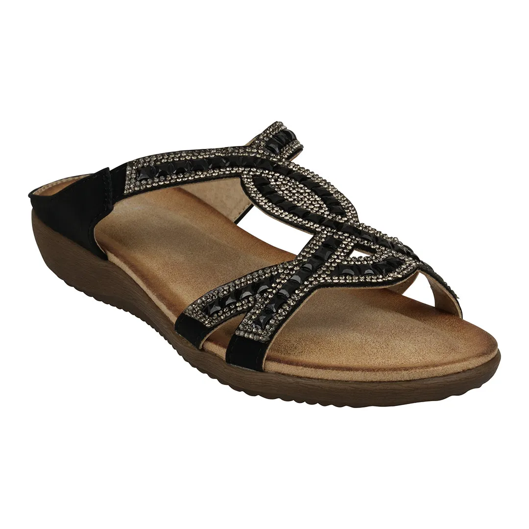 Alora Black Embellished Slide Flat Sandals