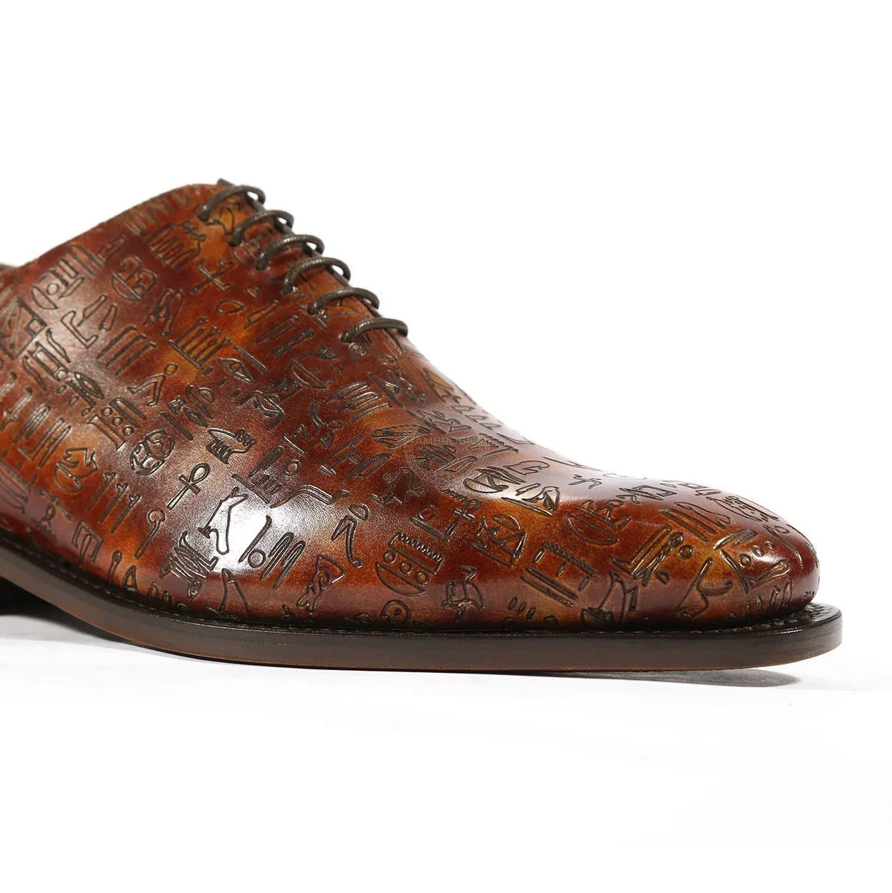 Ambrogio Men's Handmade Custom Made Shoes Brown Ancient Egyptian Print / Patina Leather Whole-Cut Oxfords (AMB1479)