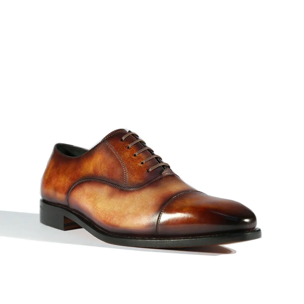 Ambrogio Men's Handmade Custom Made Shoes Fire Orange & Cream Patina Leather Cap-Toe Oxfords (AMB1651)