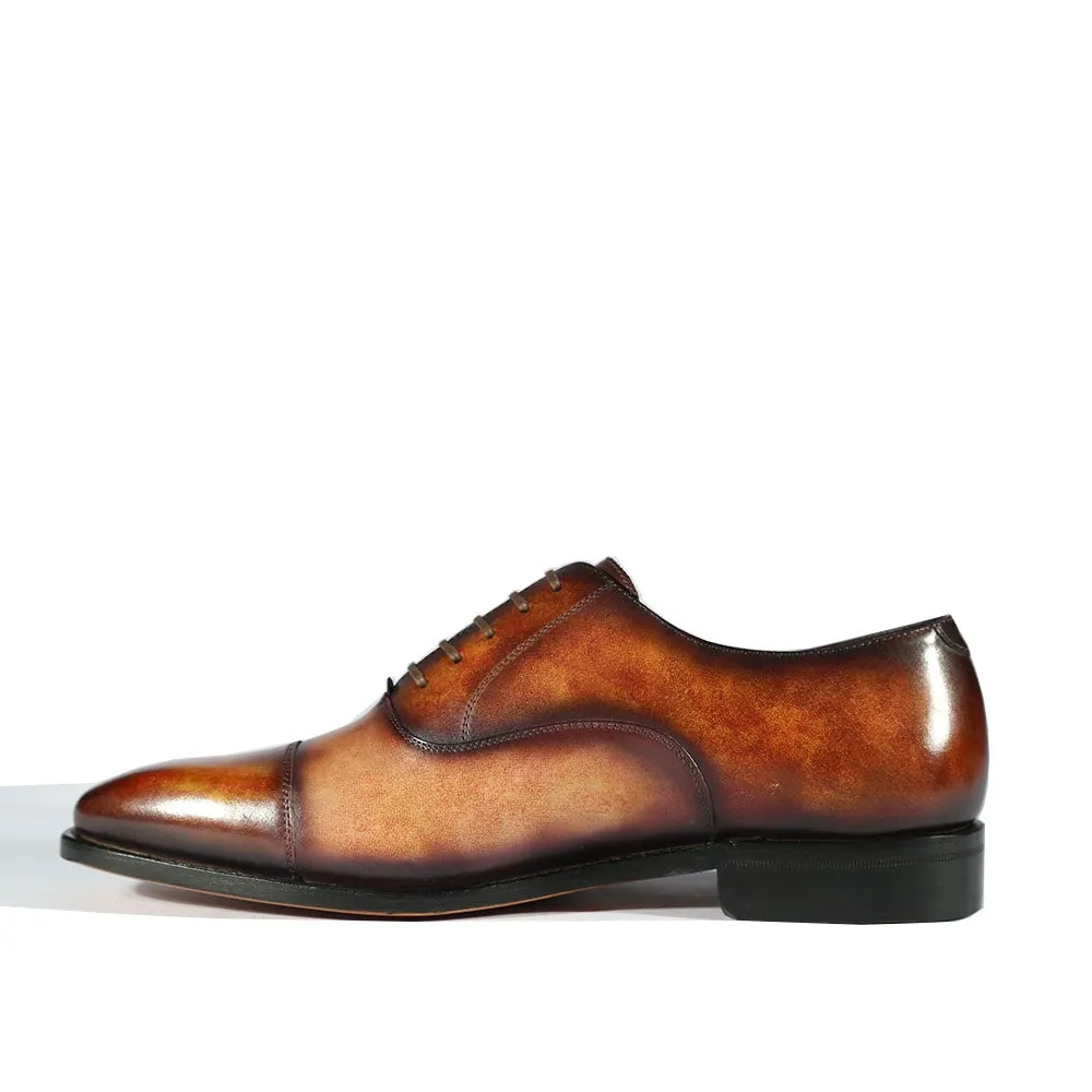 Ambrogio Men's Handmade Custom Made Shoes Fire Orange & Cream Patina Leather Cap-Toe Oxfords (AMB1651)