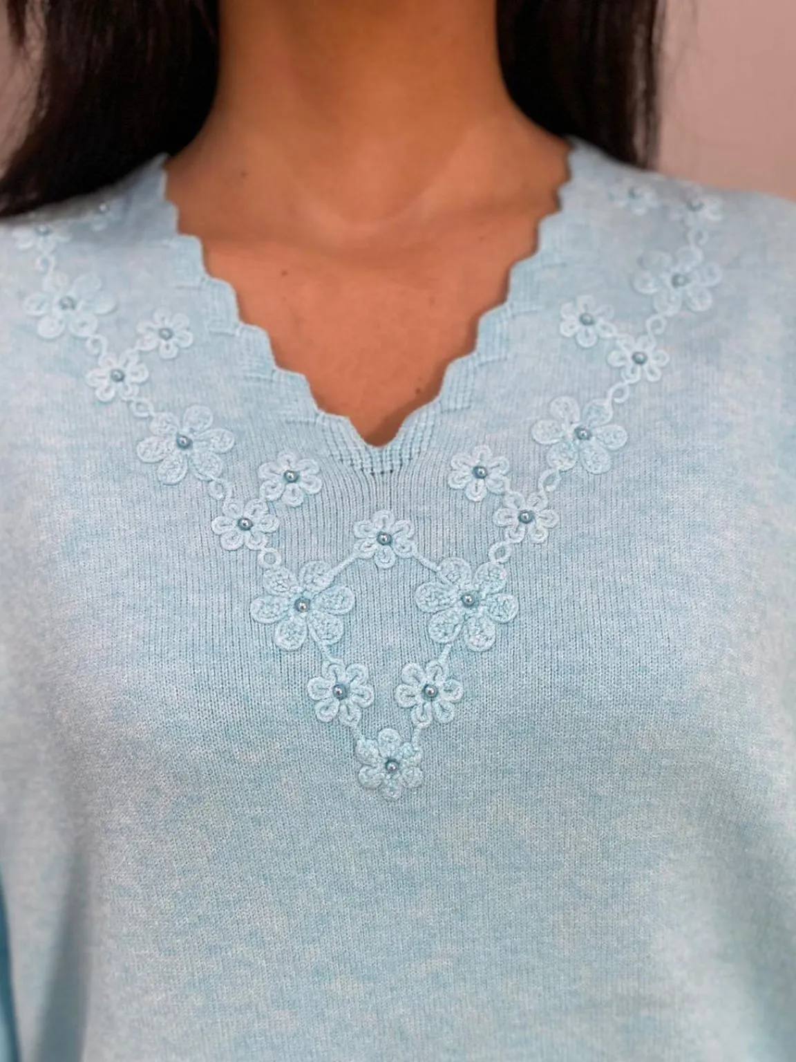 Aqua Floral Scalloped V Neck Shannon