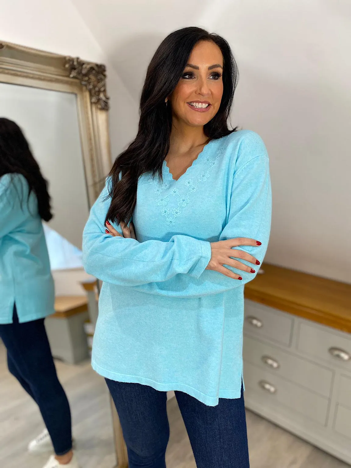 Aqua Floral Scalloped V Neck Shannon