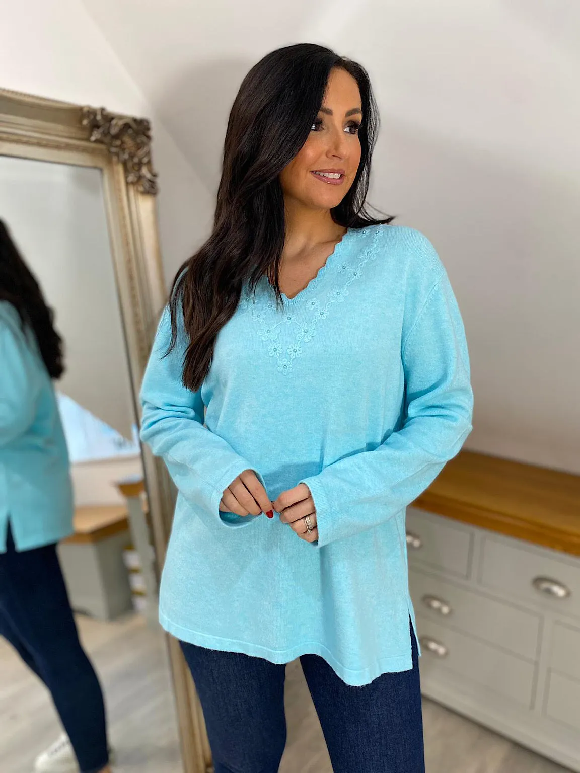 Aqua Floral Scalloped V Neck Shannon