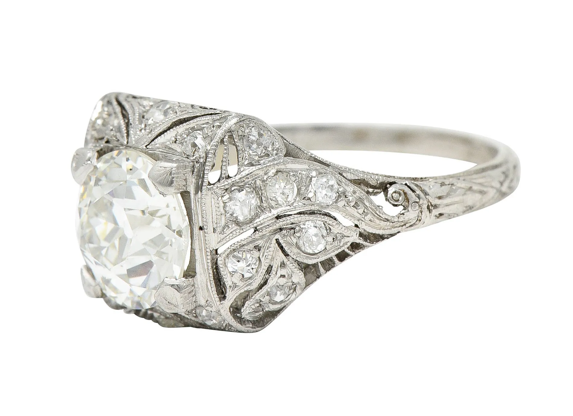 Art Deco 2.03 CTW Diamond Platinum Foliate Vintage Engagement Ring