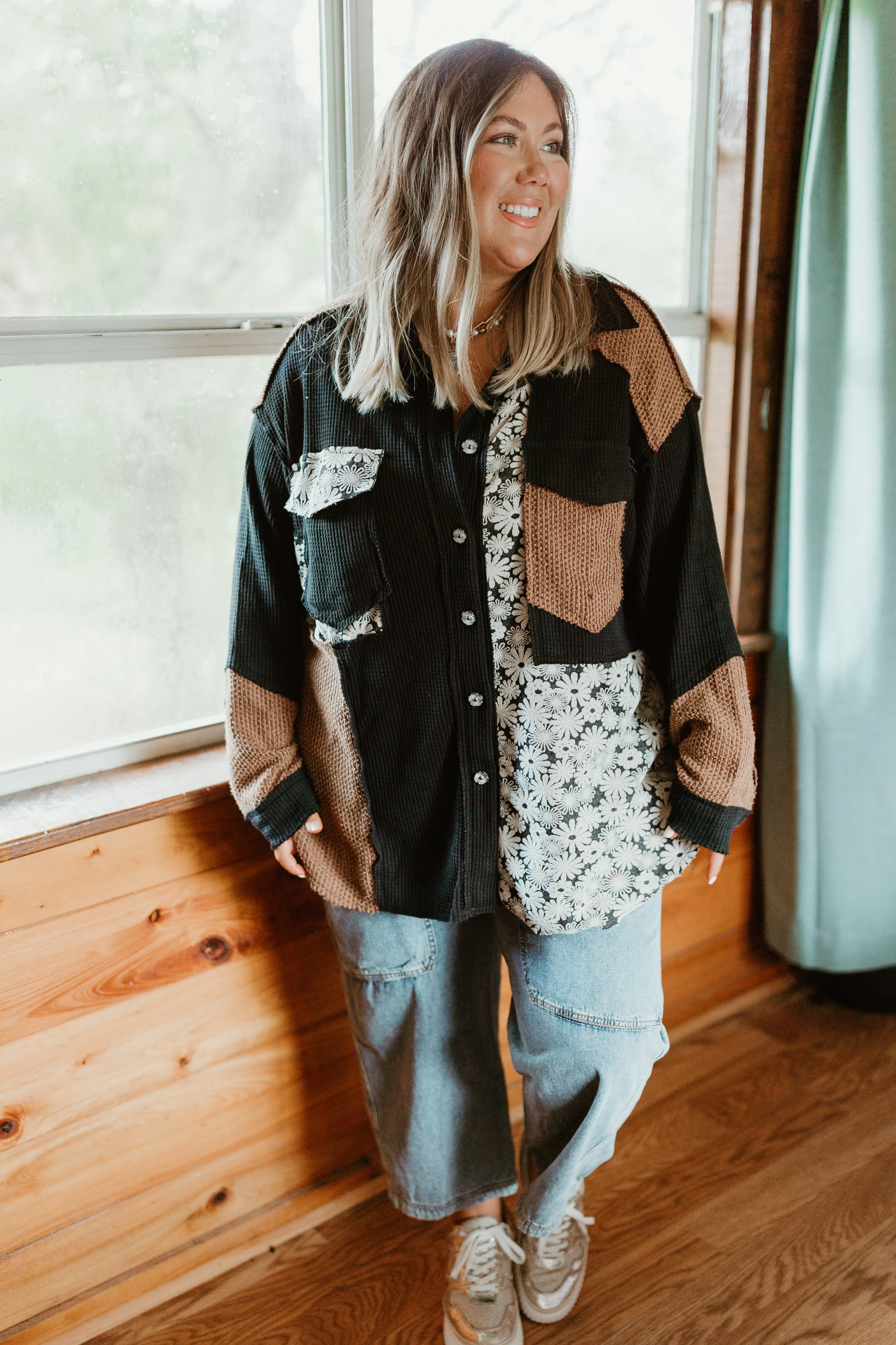 Black Colorblock Floral Button Down Shacket