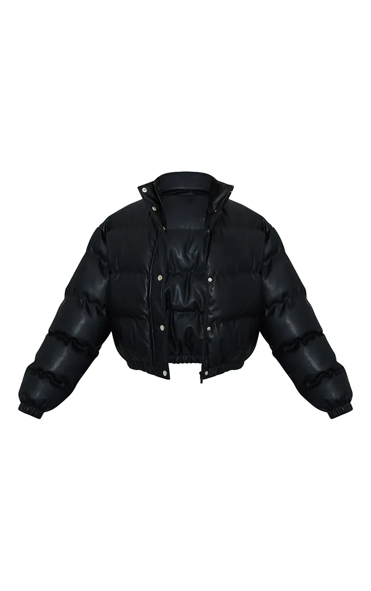 Black Faux Leather Elastic Hem Bubble Puffer