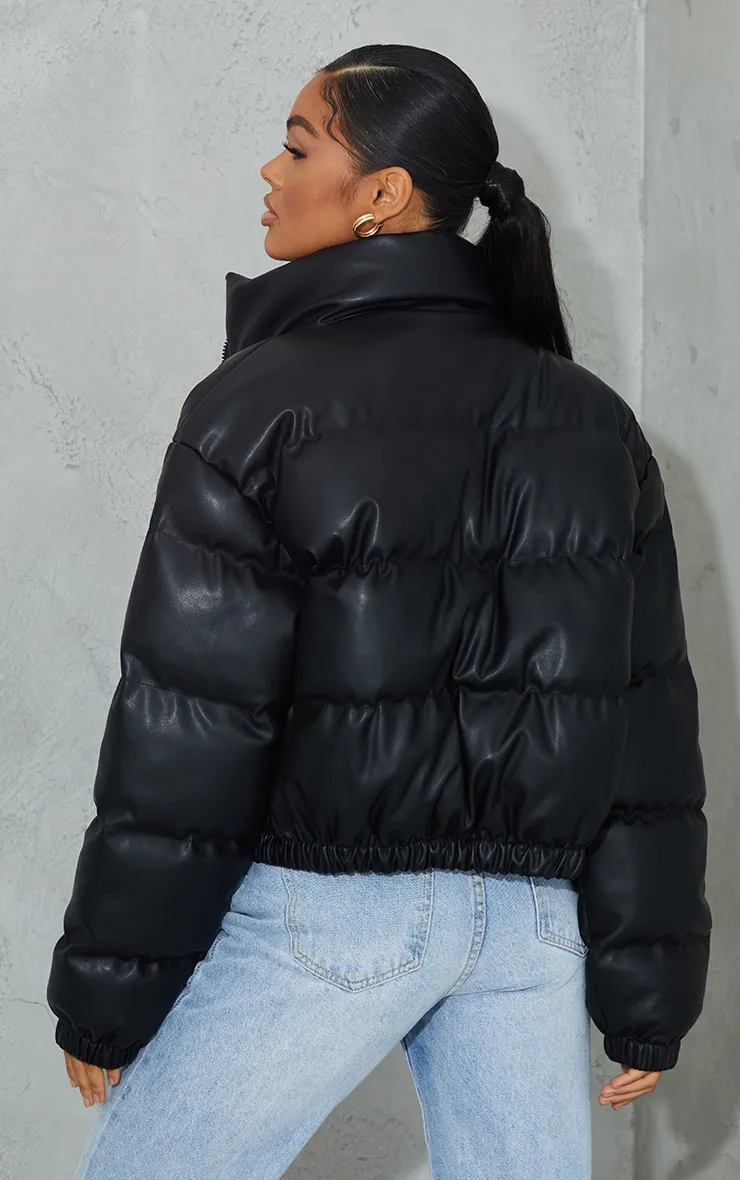 Black Faux Leather Elastic Hem Bubble Puffer