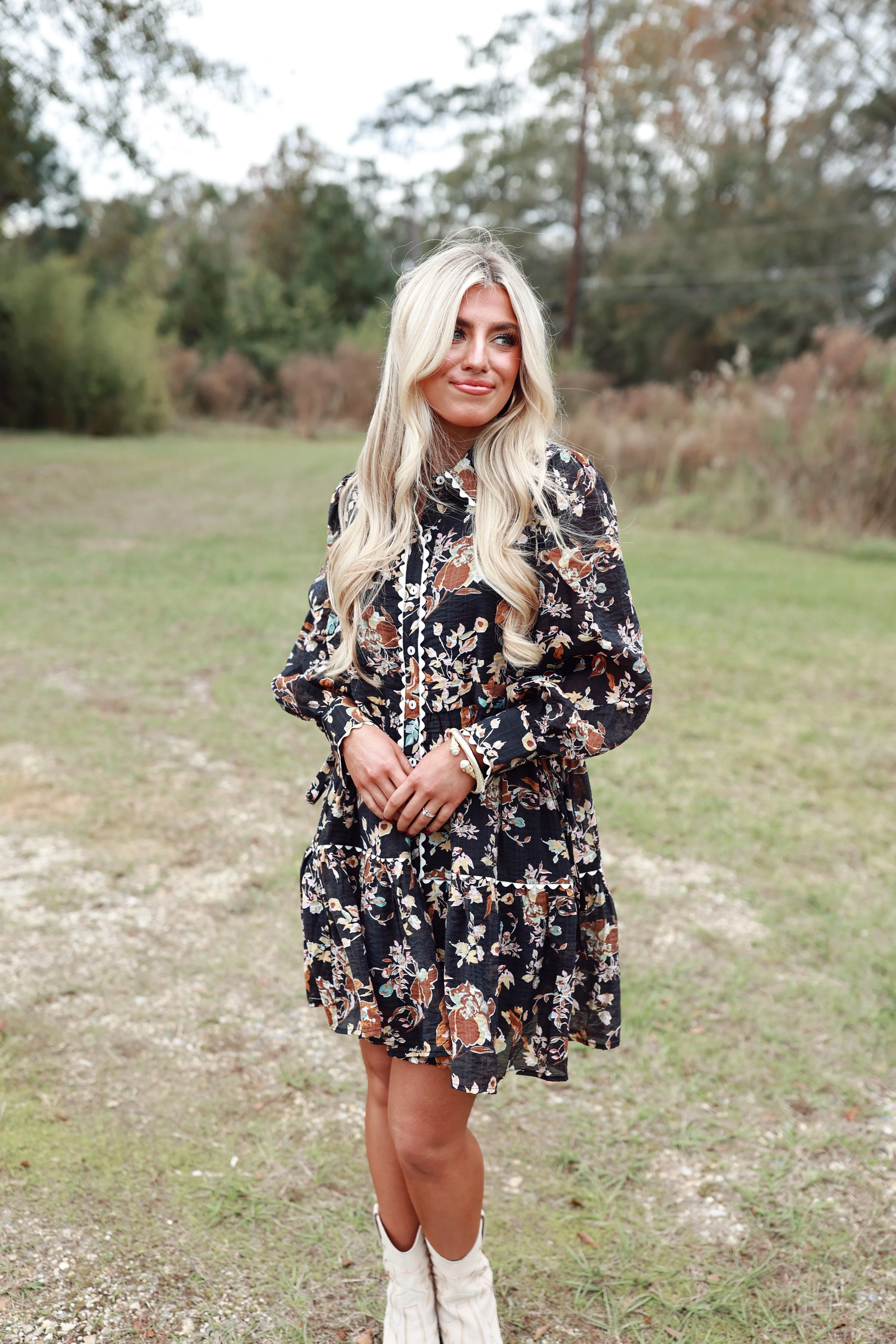 Black Floral Long Sleeve Button Down Dress