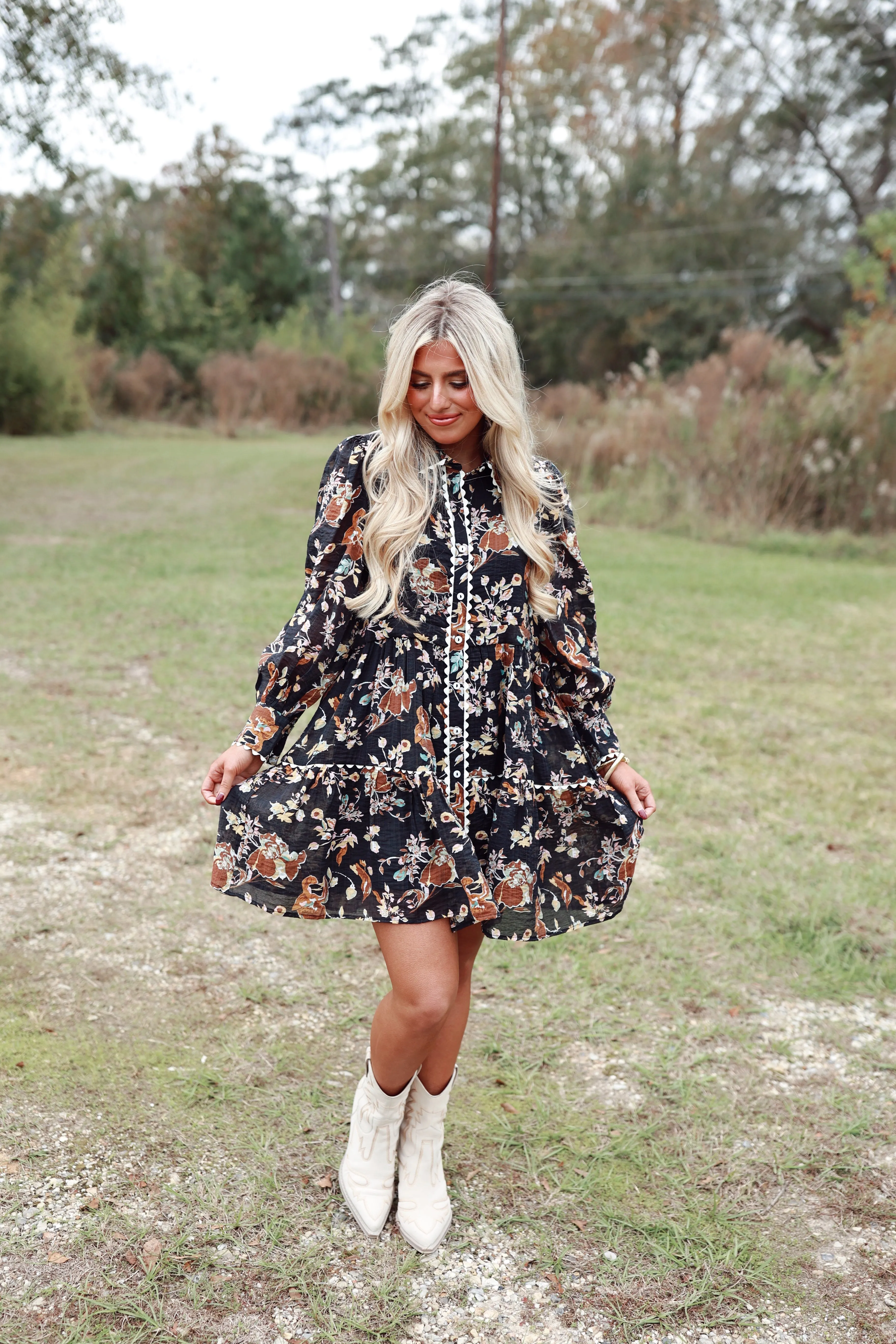 Black Floral Long Sleeve Button Down Dress