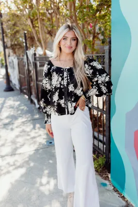 Black Floral Sweetheart Button Down Top