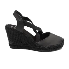 Black High Heel Plain Leather Wedge Espadrille for Women - Saba-P7BK