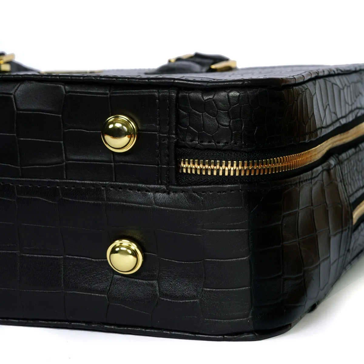 Black Laptop Briefcase In Croco Textured Leather