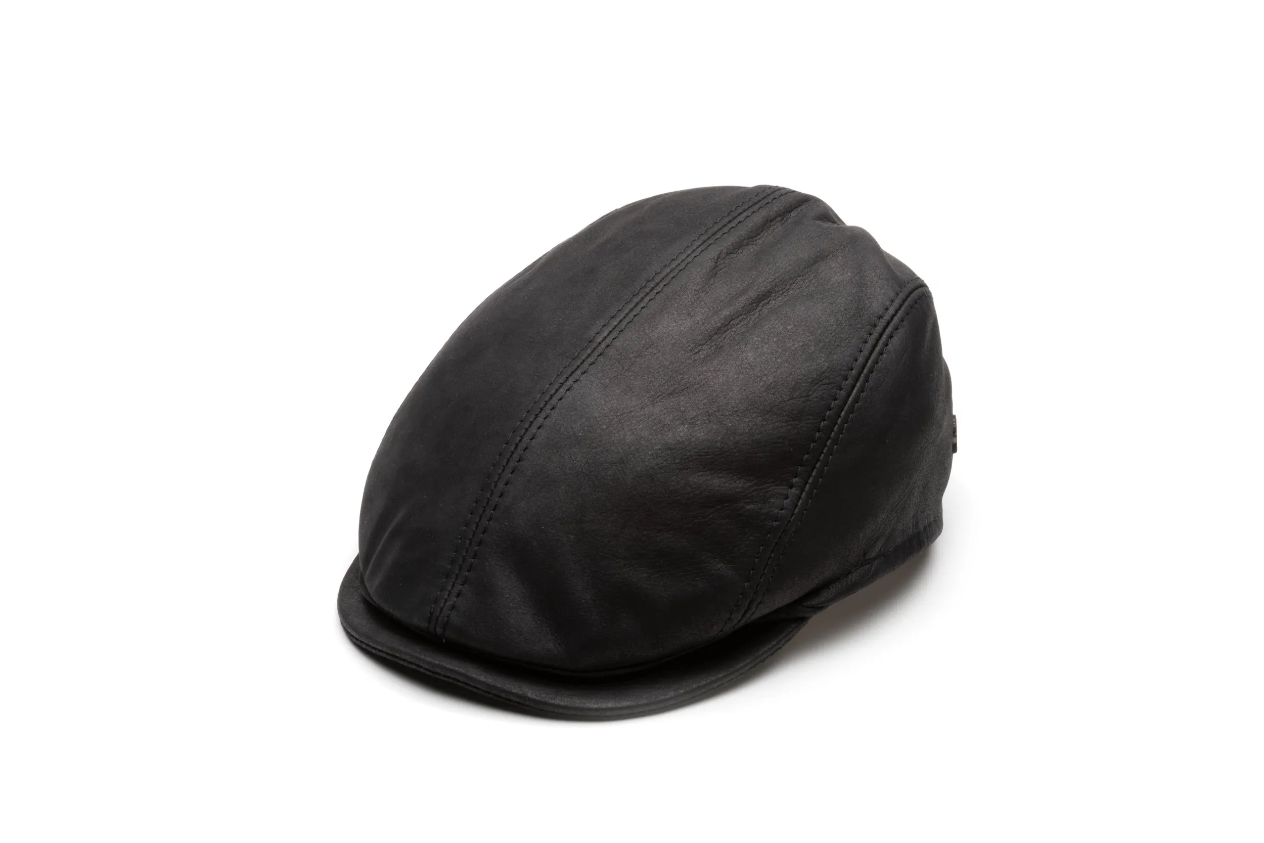 Black Leather Wool Flat Cap