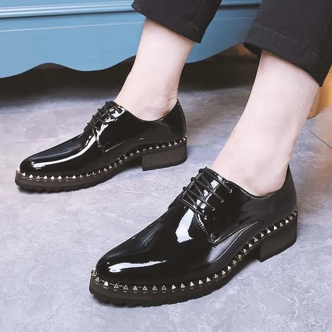 Black Patent Leather Studs Lace Up Oxfords Flats Dress Shoes