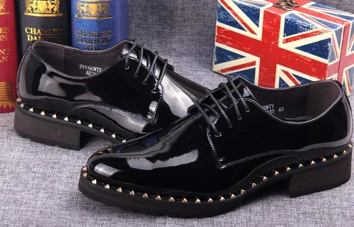 Black Patent Leather Studs Lace Up Oxfords Flats Dress Shoes