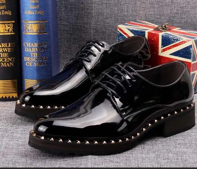 Black Patent Leather Studs Lace Up Oxfords Flats Dress Shoes