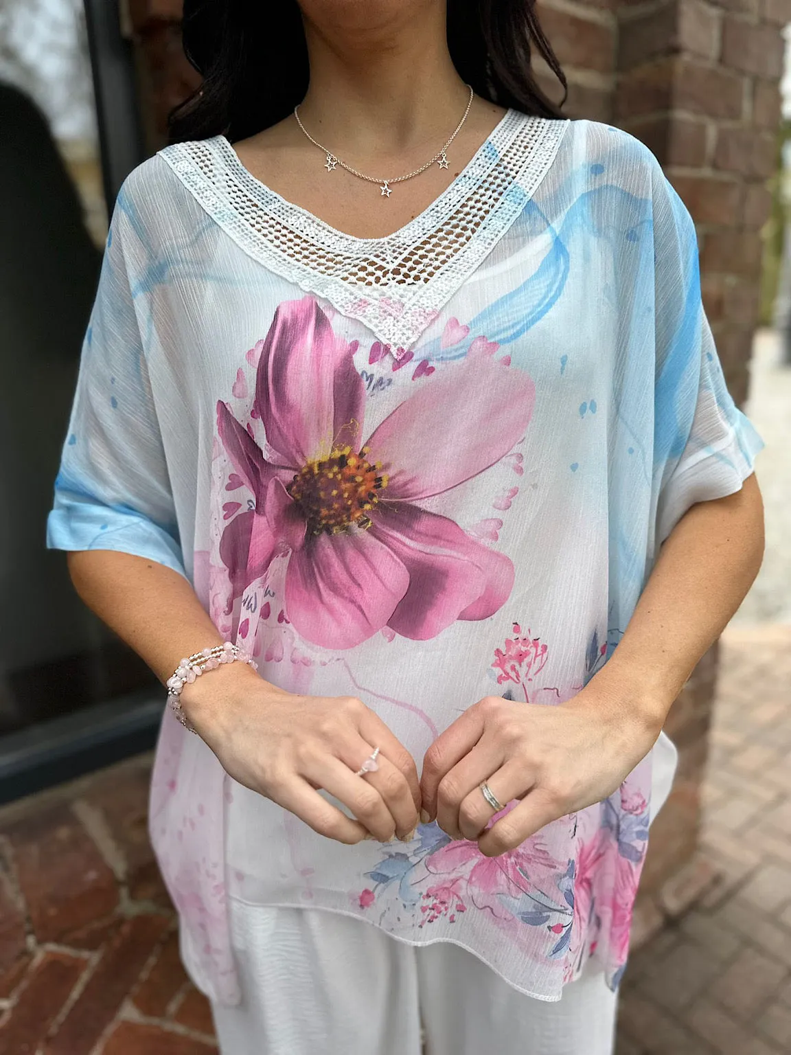 Blue Floral Sequin V Neck Top Vivian