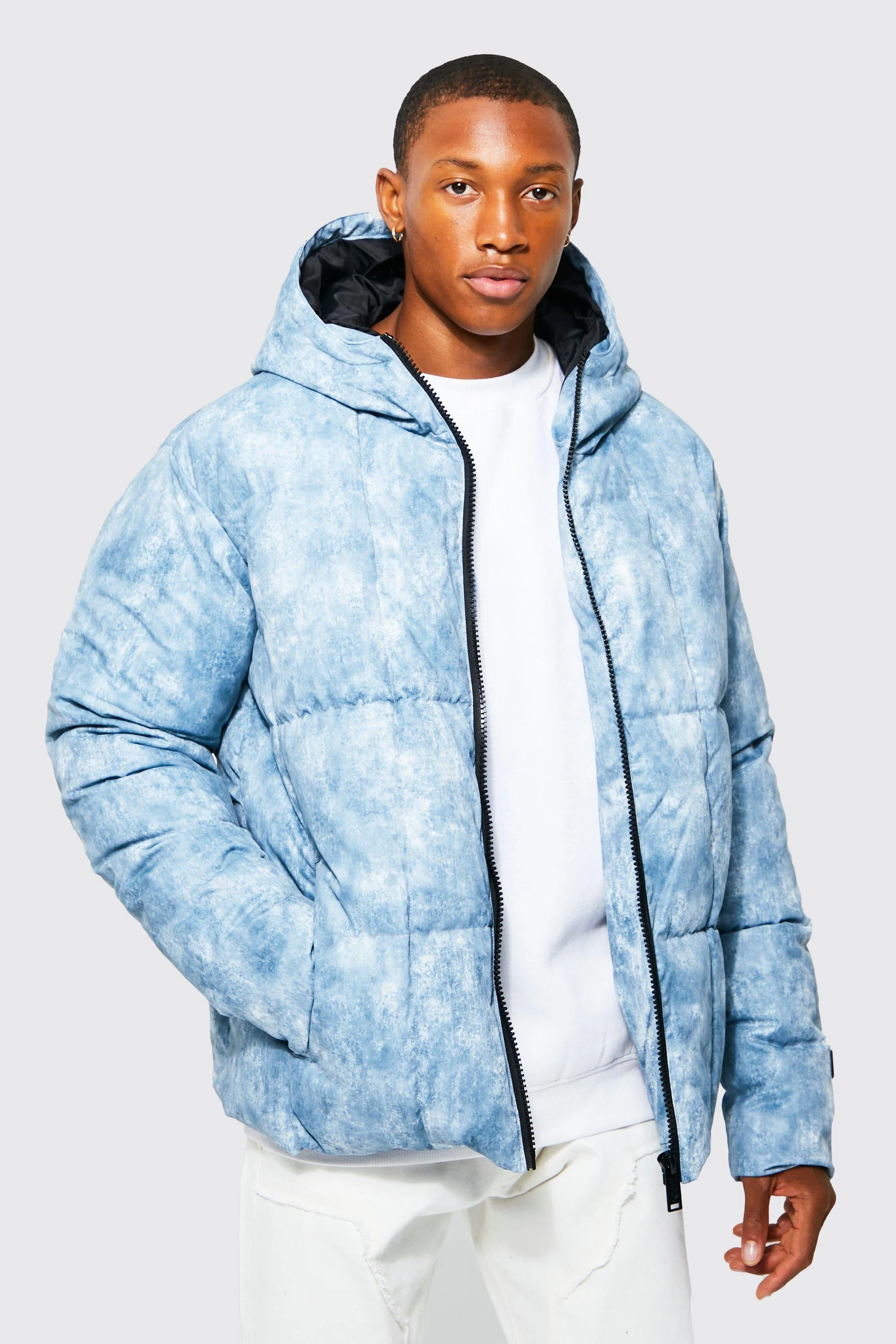 Boxy Tie Dye Square Panel Hooded Puffer | boohooMAN UK