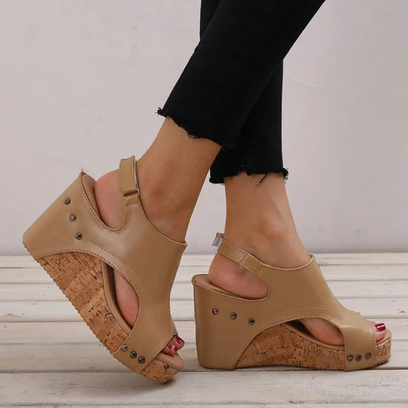 Casual Simplicity Patchwork Fish Mouth Wedges Shoes