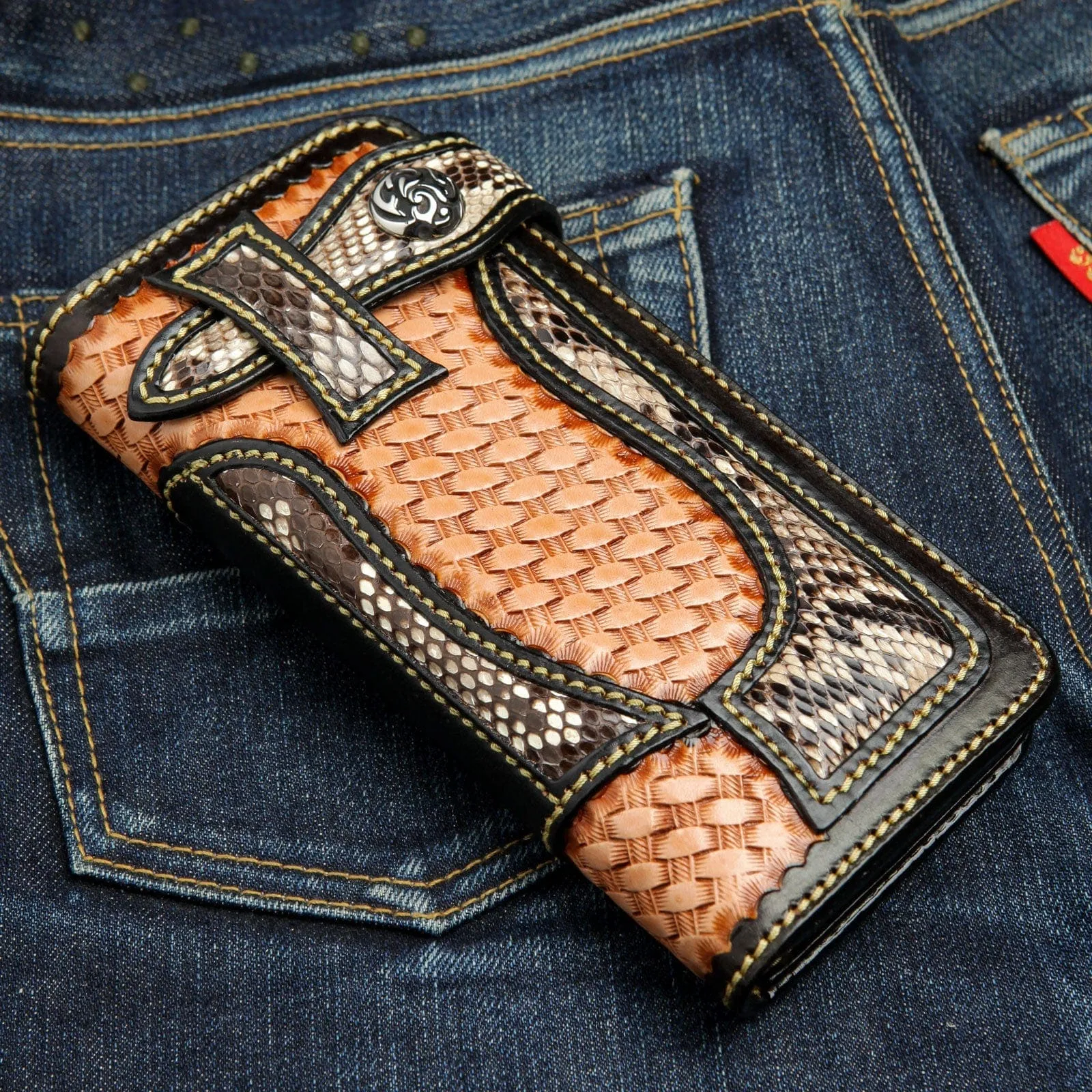 Cobra Snake Skin Woven Cowboy Western Leather Tribal Biker Wallet