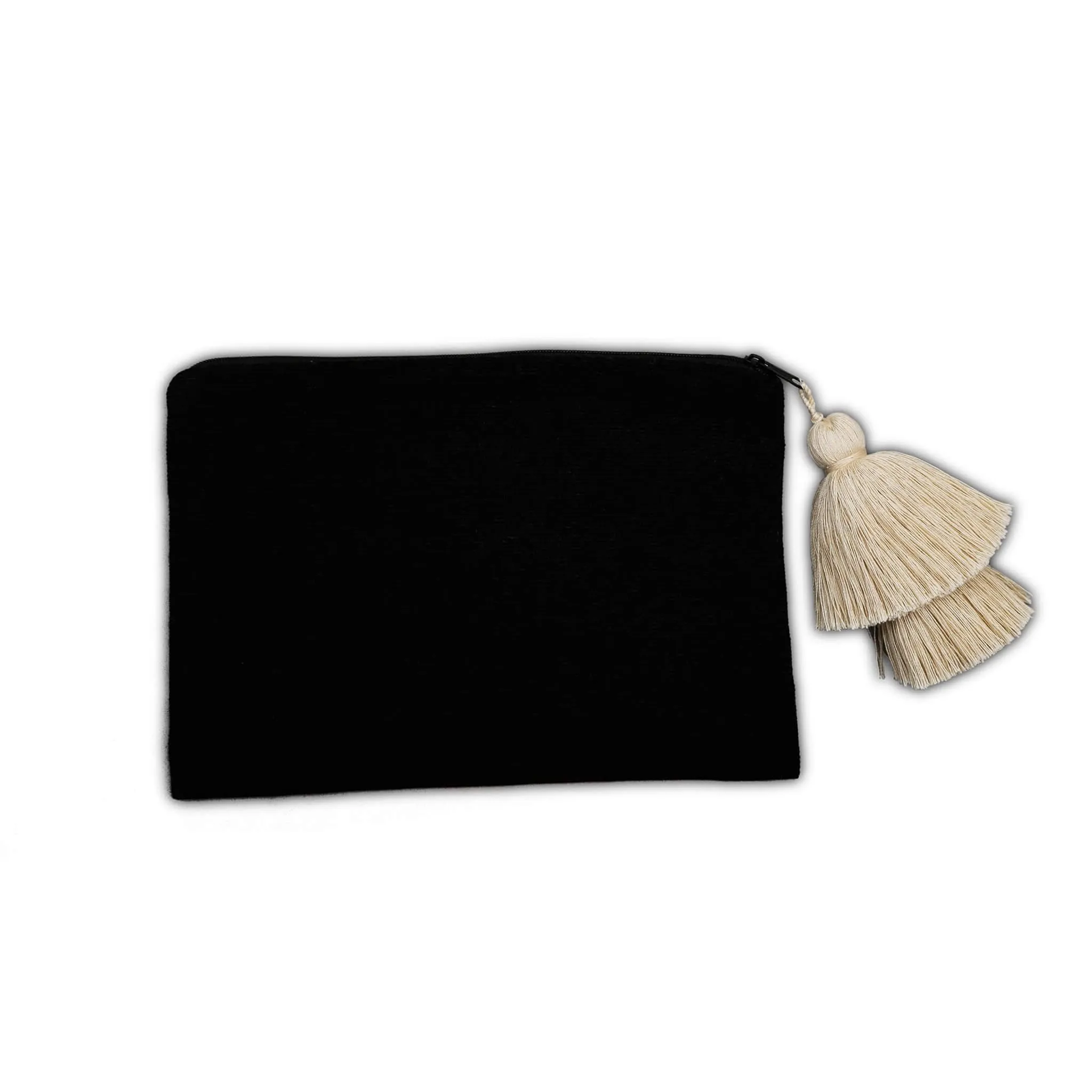 Cotton Pouch in Black with Cream Tassel