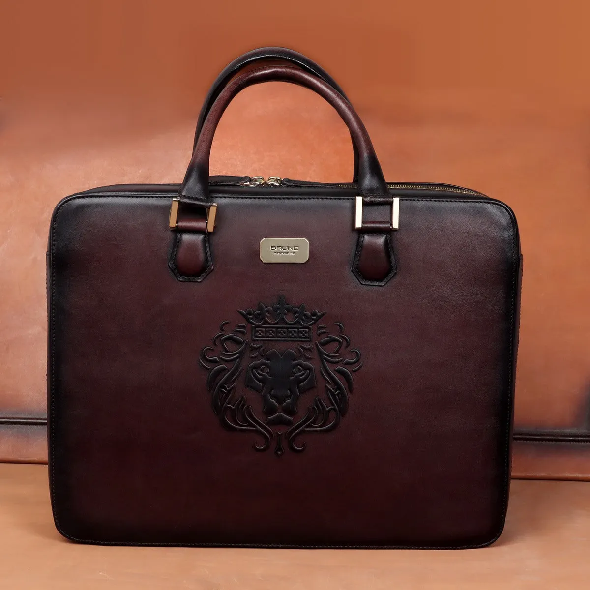 Dark Brown Leather Embossed Lion Laptop Office Briefcase with Organizer Compartment by Brune & Bareskin