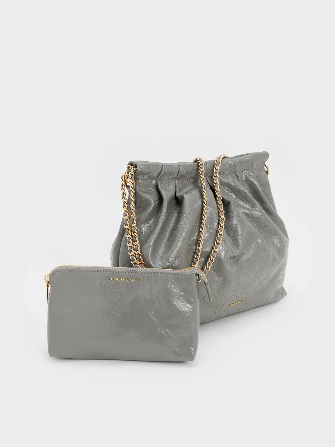 Duo Double Chain Hobo Bag - Grey