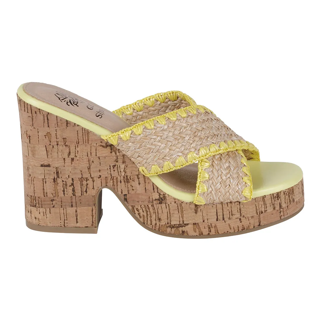 Elsa Yellow Woven Cross Strap Wooden Platform Heeled Sandals