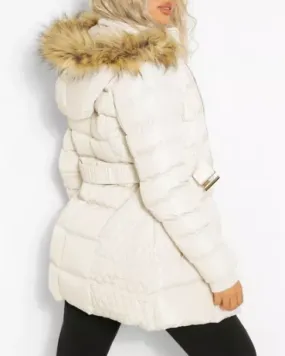 Faux Fur Trim Hooded Belted Puffer White Coat - Puffer Jackets