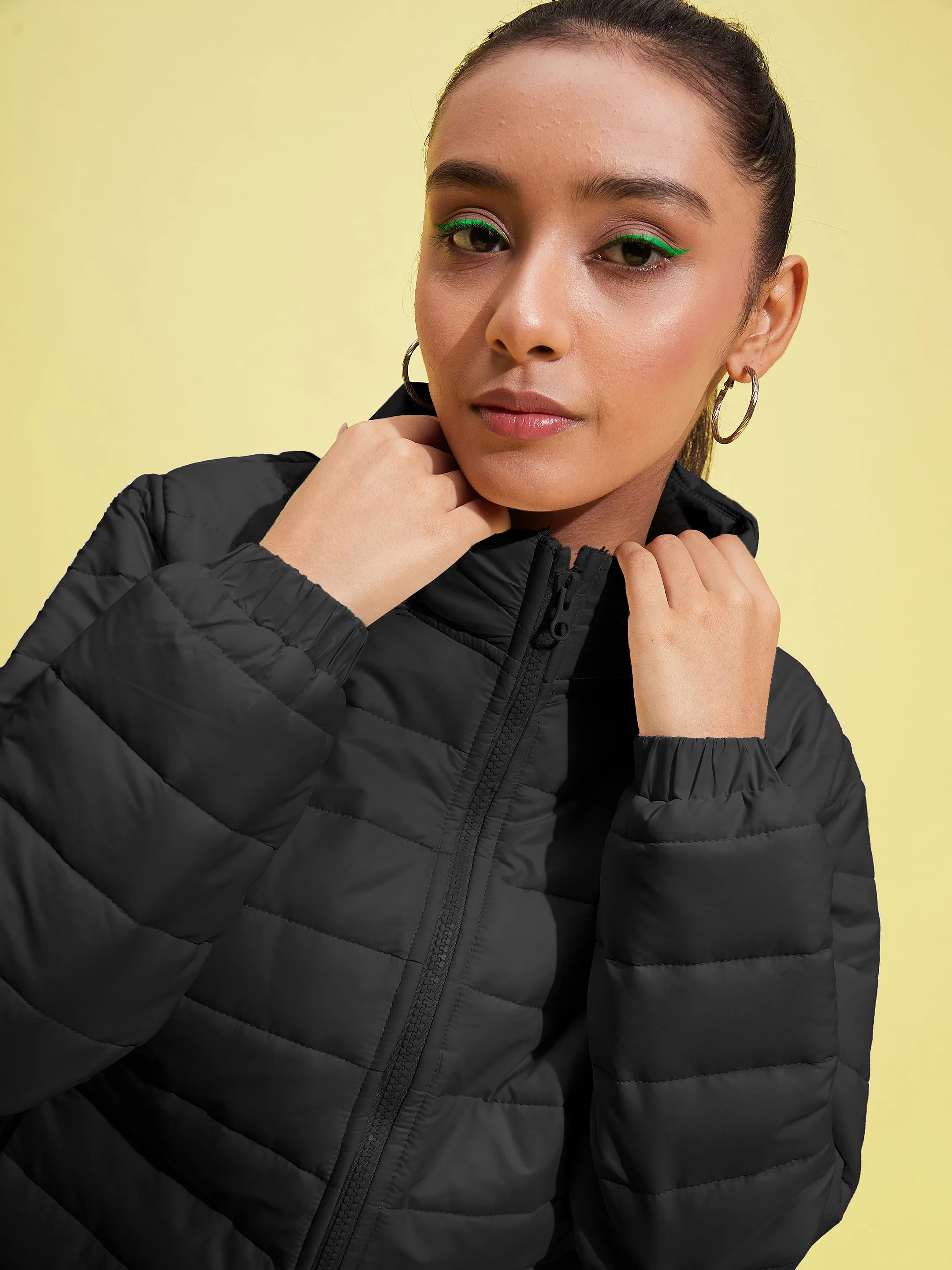 Girls Black Taffeta Quilted Zipper Jacket