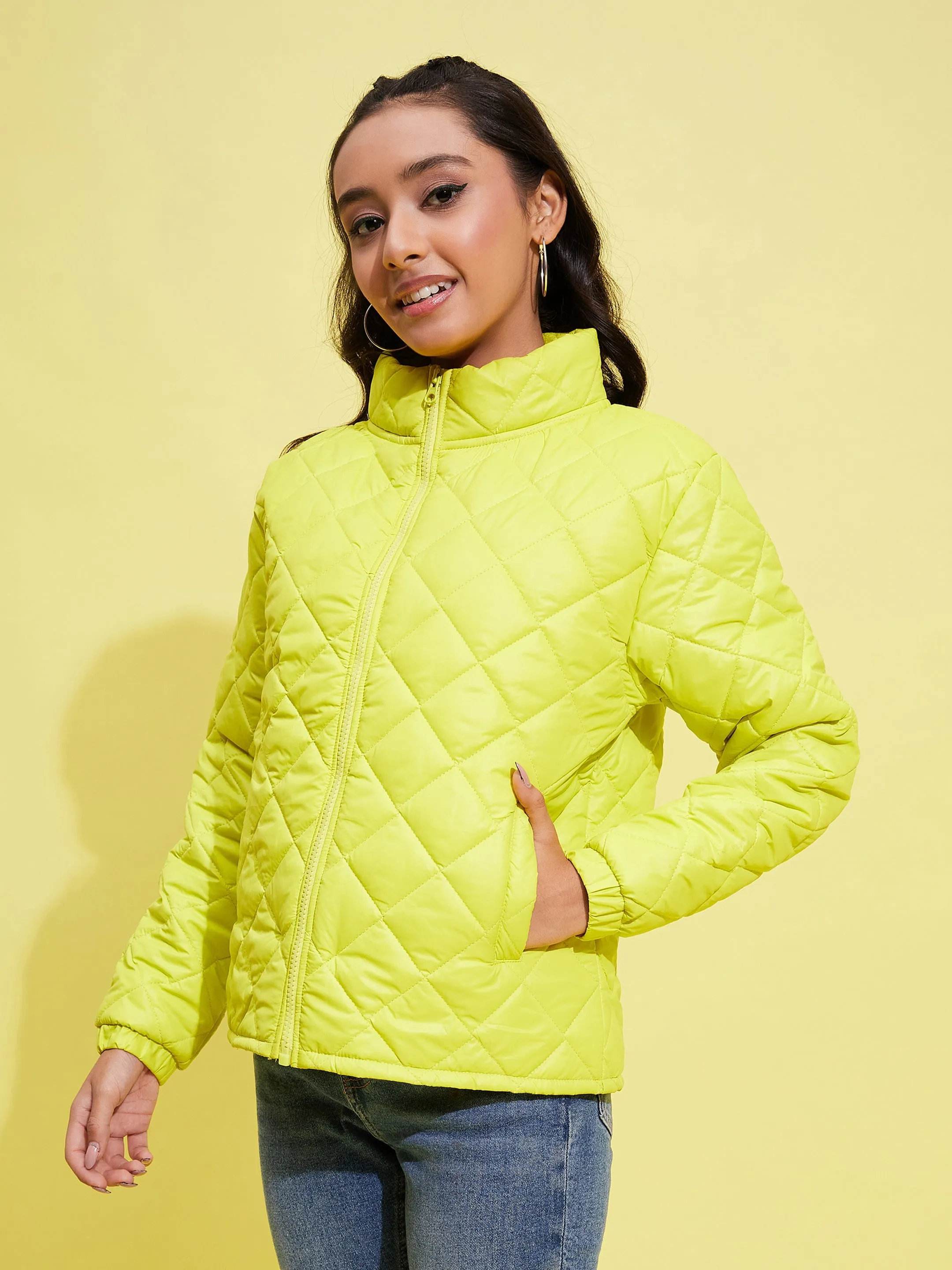 Girls Neon Yellow Taffeta Quilted Zipper Jacket