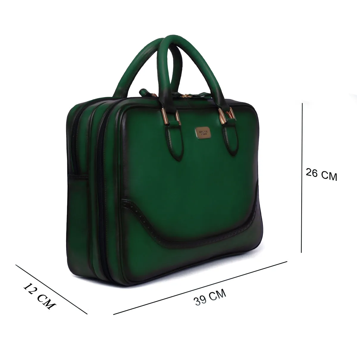 Green Leather Laptop Office Briefcase With Brogue Detailing