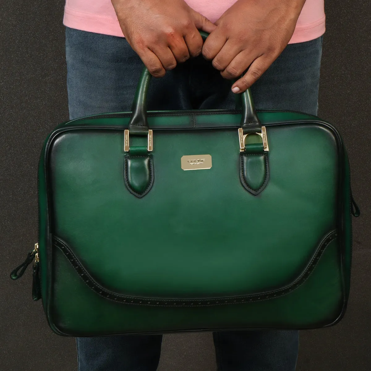 Green Leather Laptop Office Briefcase With Brogue Detailing