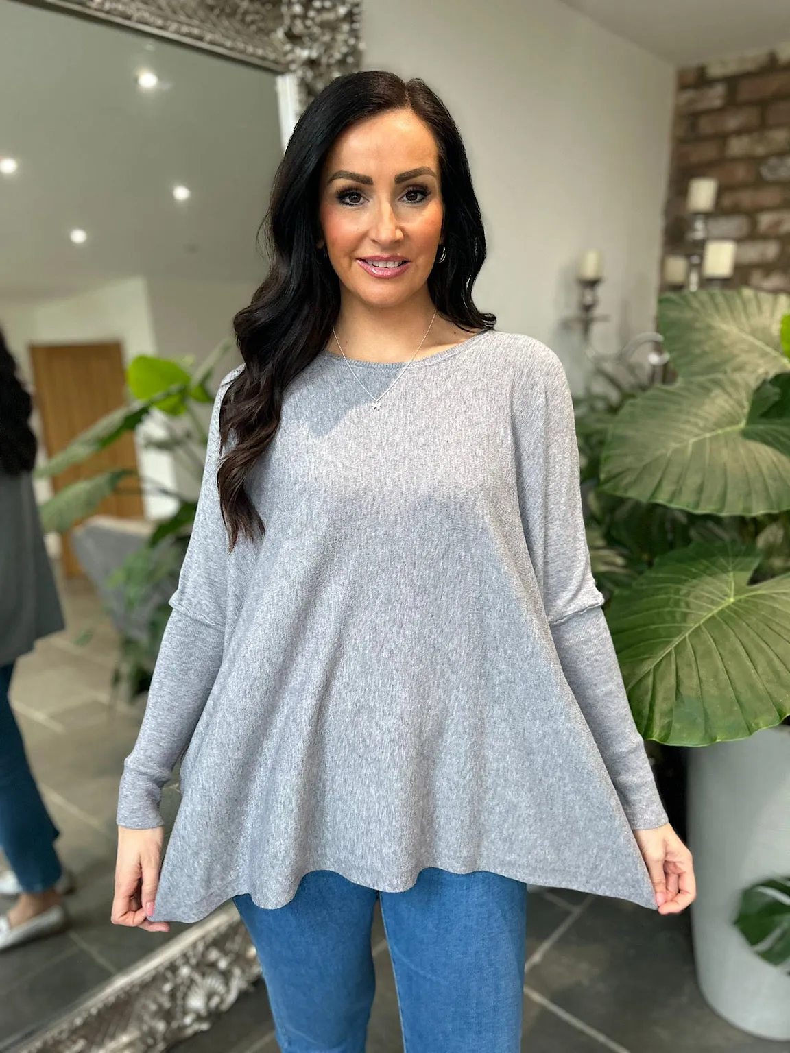 Grey Ribbed Sleeve Round Neck Knit Hayley