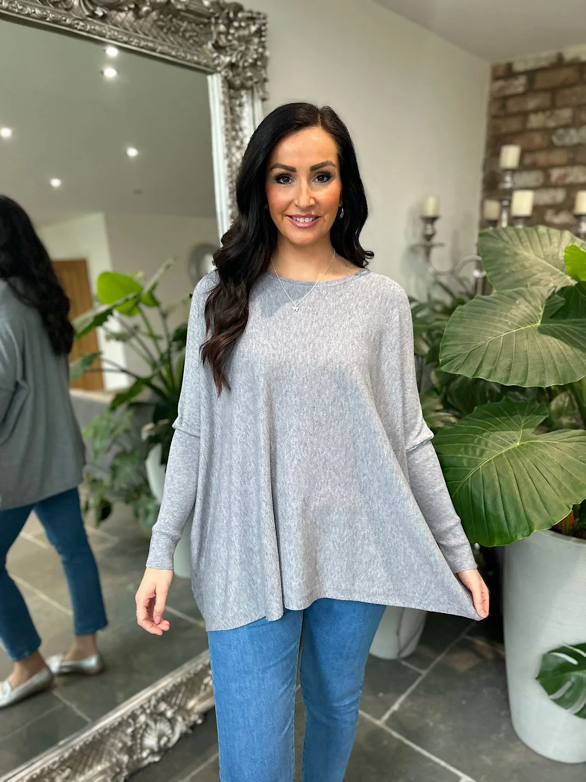 Grey Ribbed Sleeve Round Neck Knit Hayley