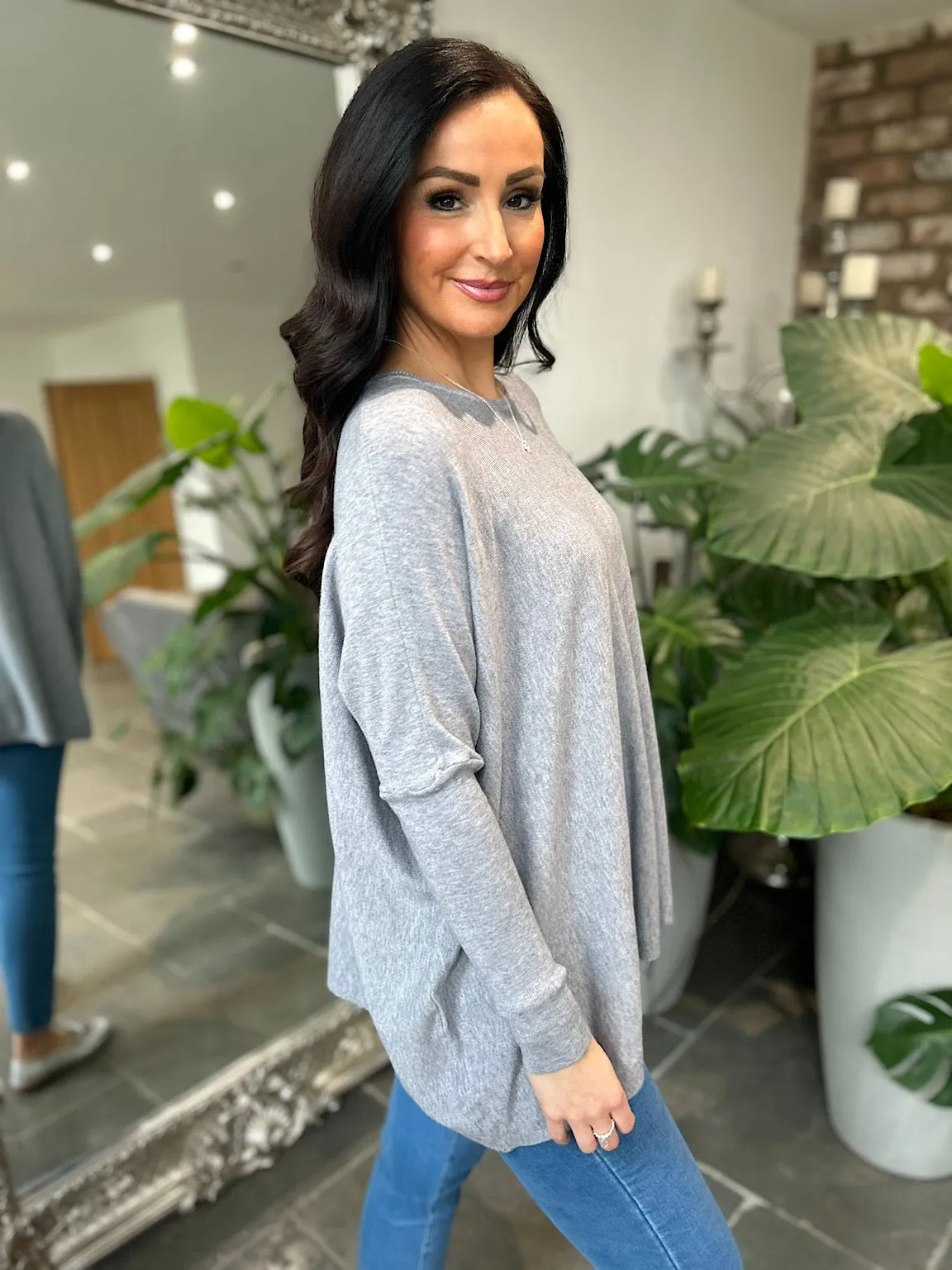 Grey Ribbed Sleeve Round Neck Knit Hayley