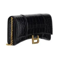 Hourglass Wallet with Chain Crocodile Embossed - Black