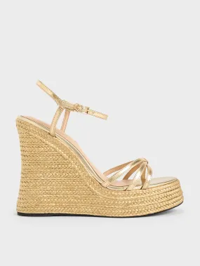 Leather Metallic Strappy Espadrille Wedges - Gold