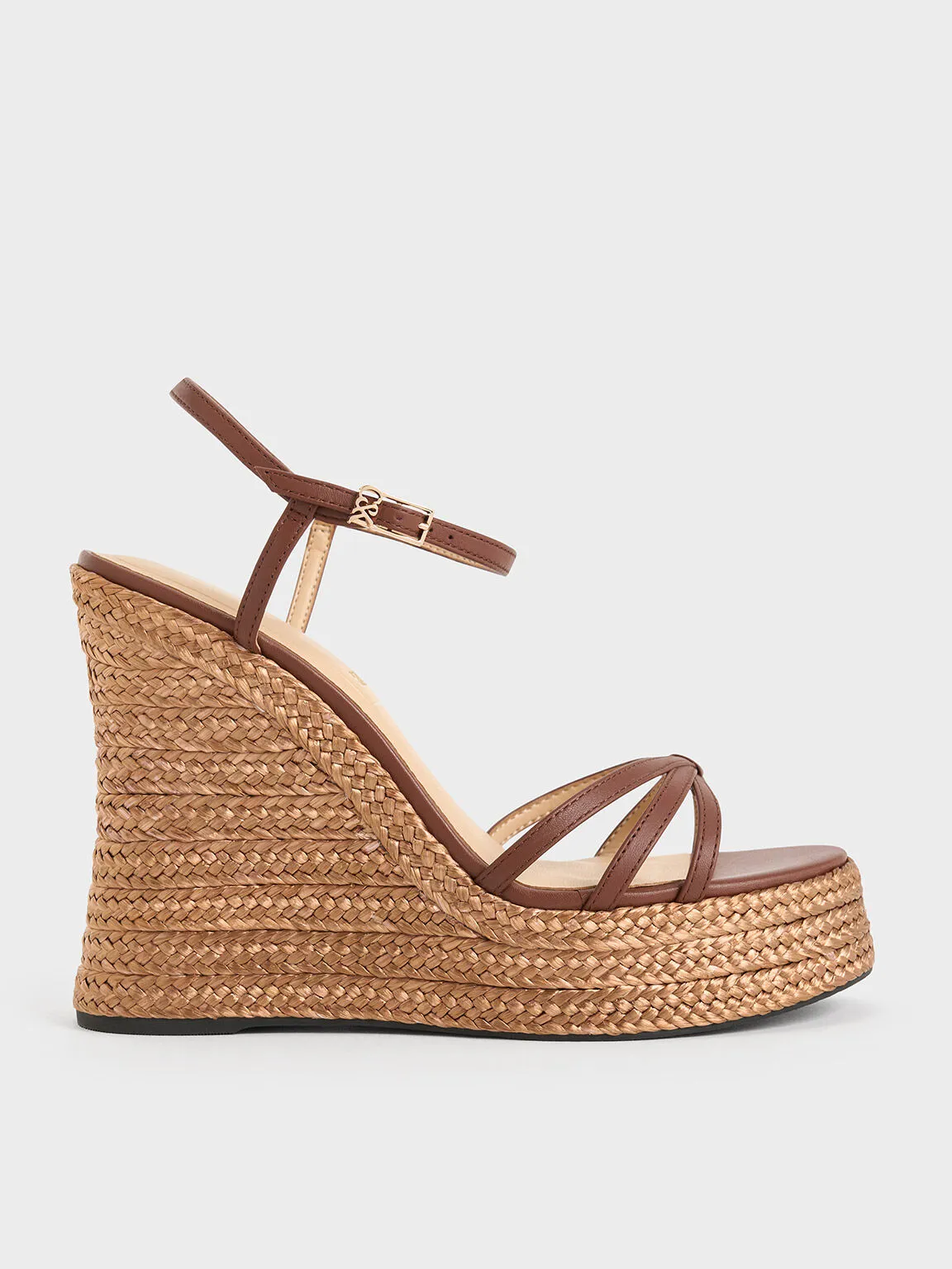 Leather Strappy Espadrille Wedges - Brown