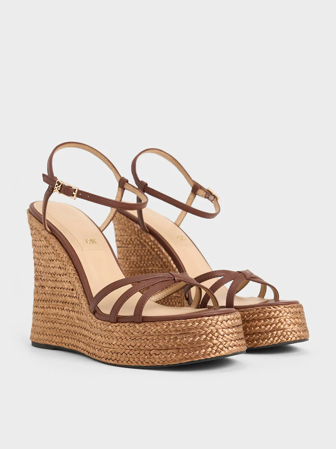 Leather Strappy Espadrille Wedges - Brown