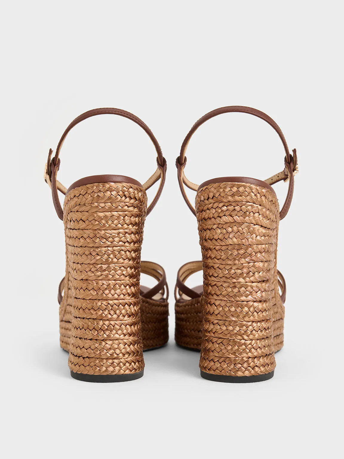 Leather Strappy Espadrille Wedges - Brown