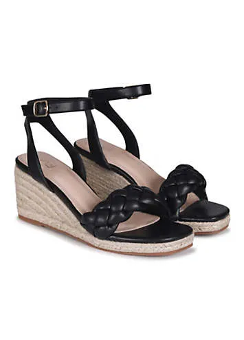 Linzi Megan Black Plaited Strap Wedges | Grattan