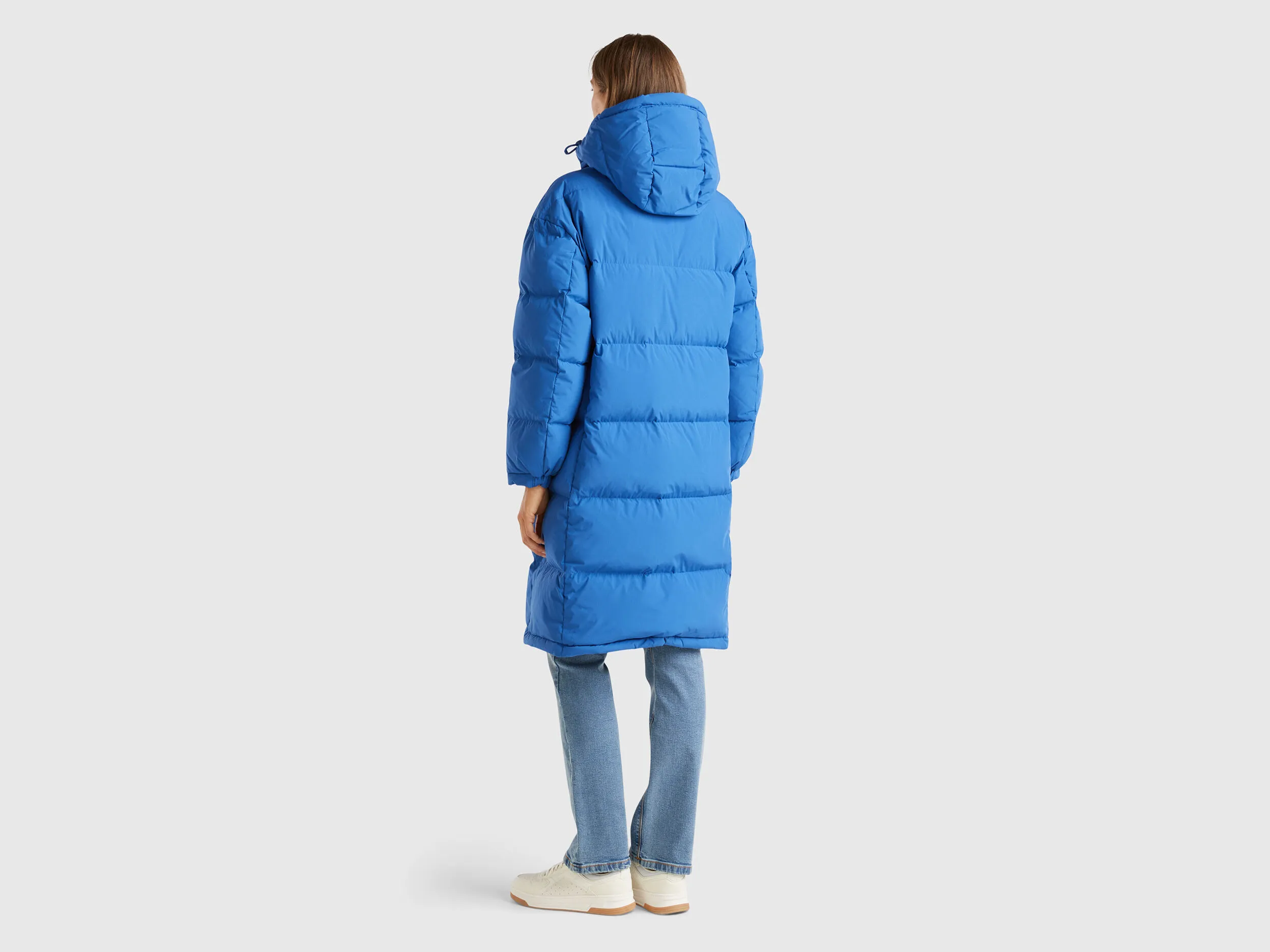 Long puffer jacket with recycled feathers - Air Force Blue | Benetton