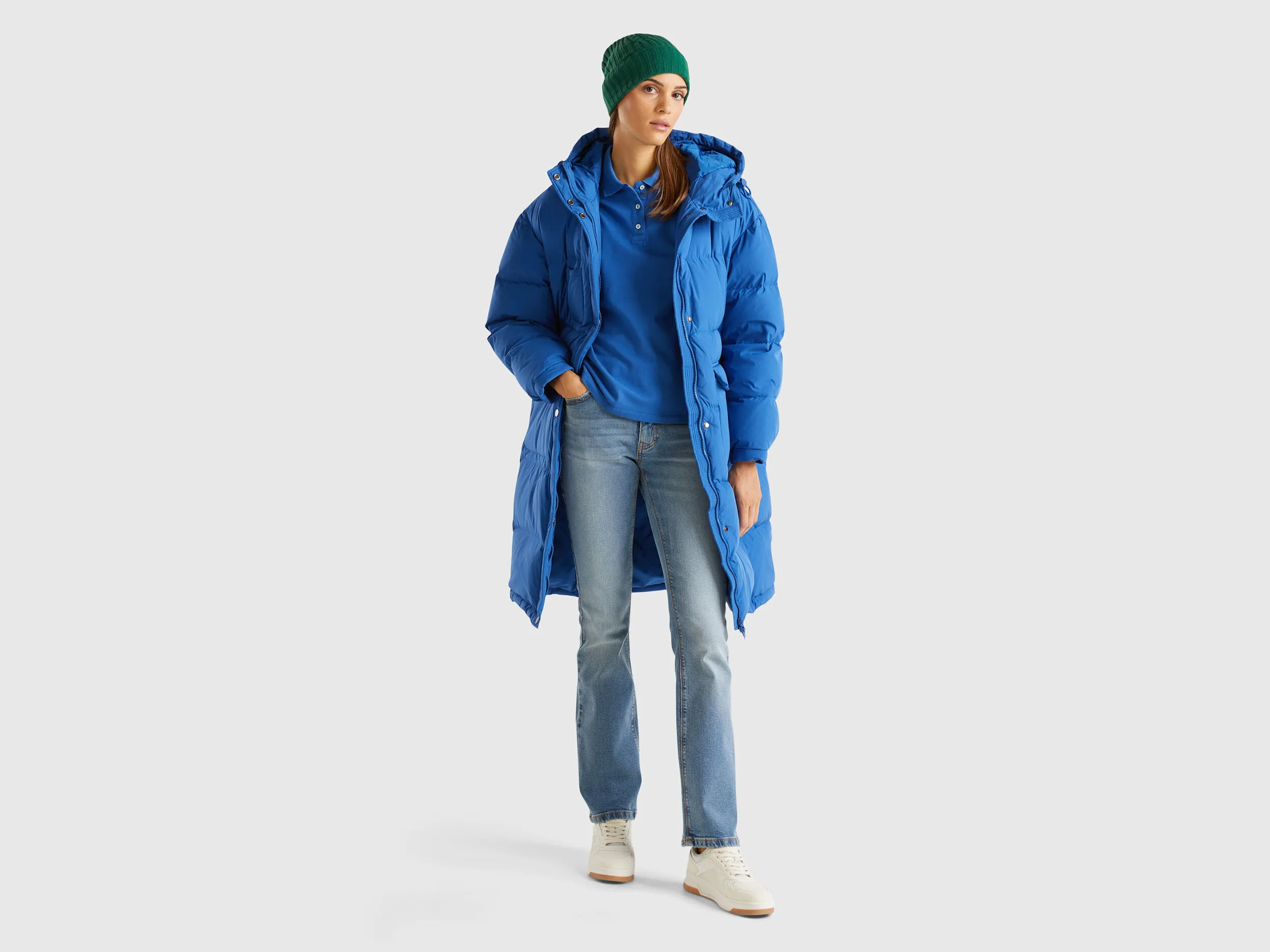 Long puffer jacket with recycled feathers - Air Force Blue | Benetton