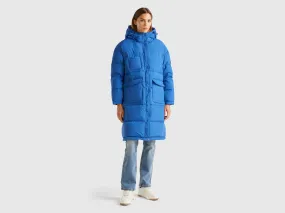 Long puffer jacket with recycled feathers - Air Force Blue | Benetton