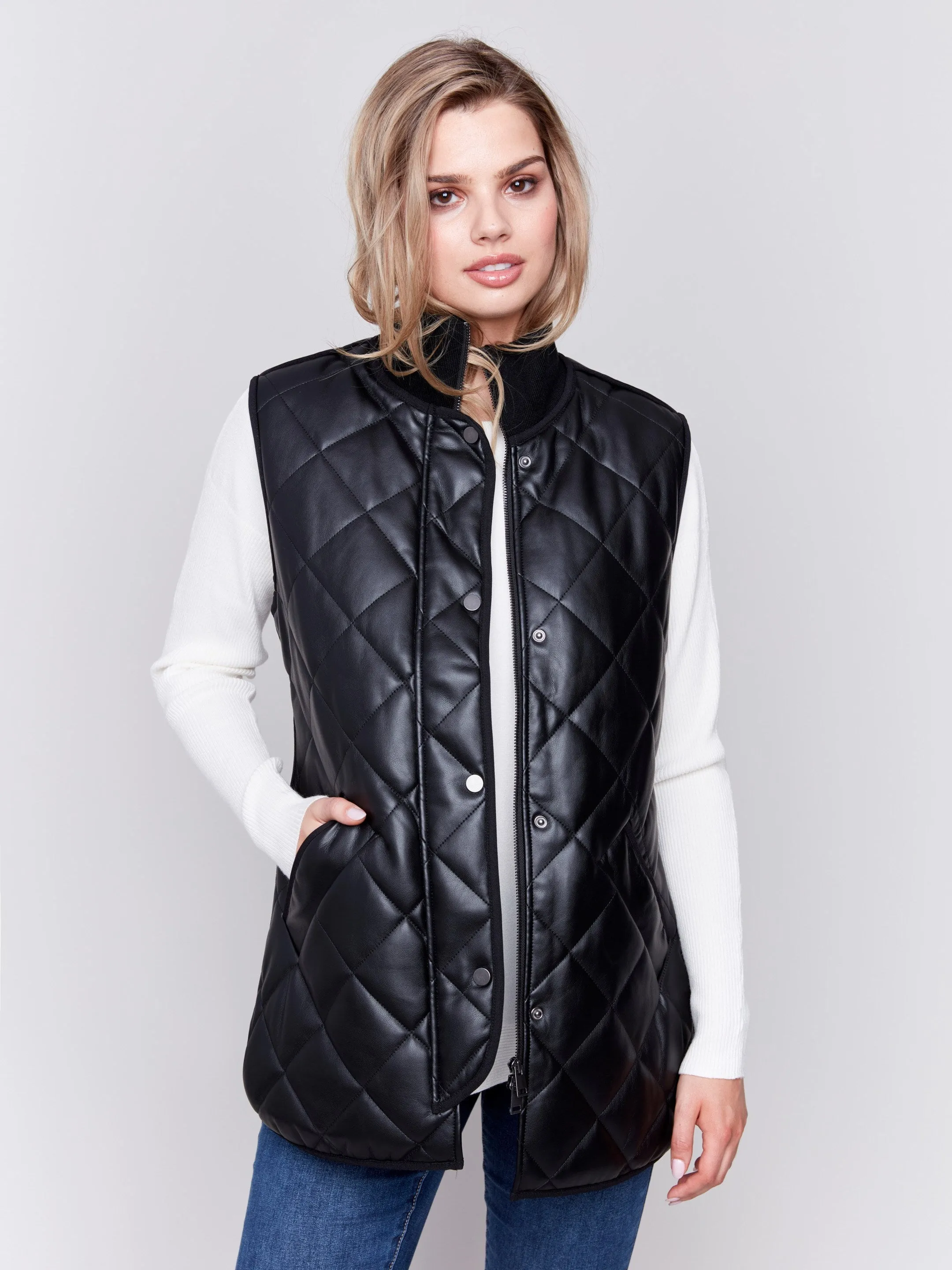 Long Quilted Faux Leather Vest - Black