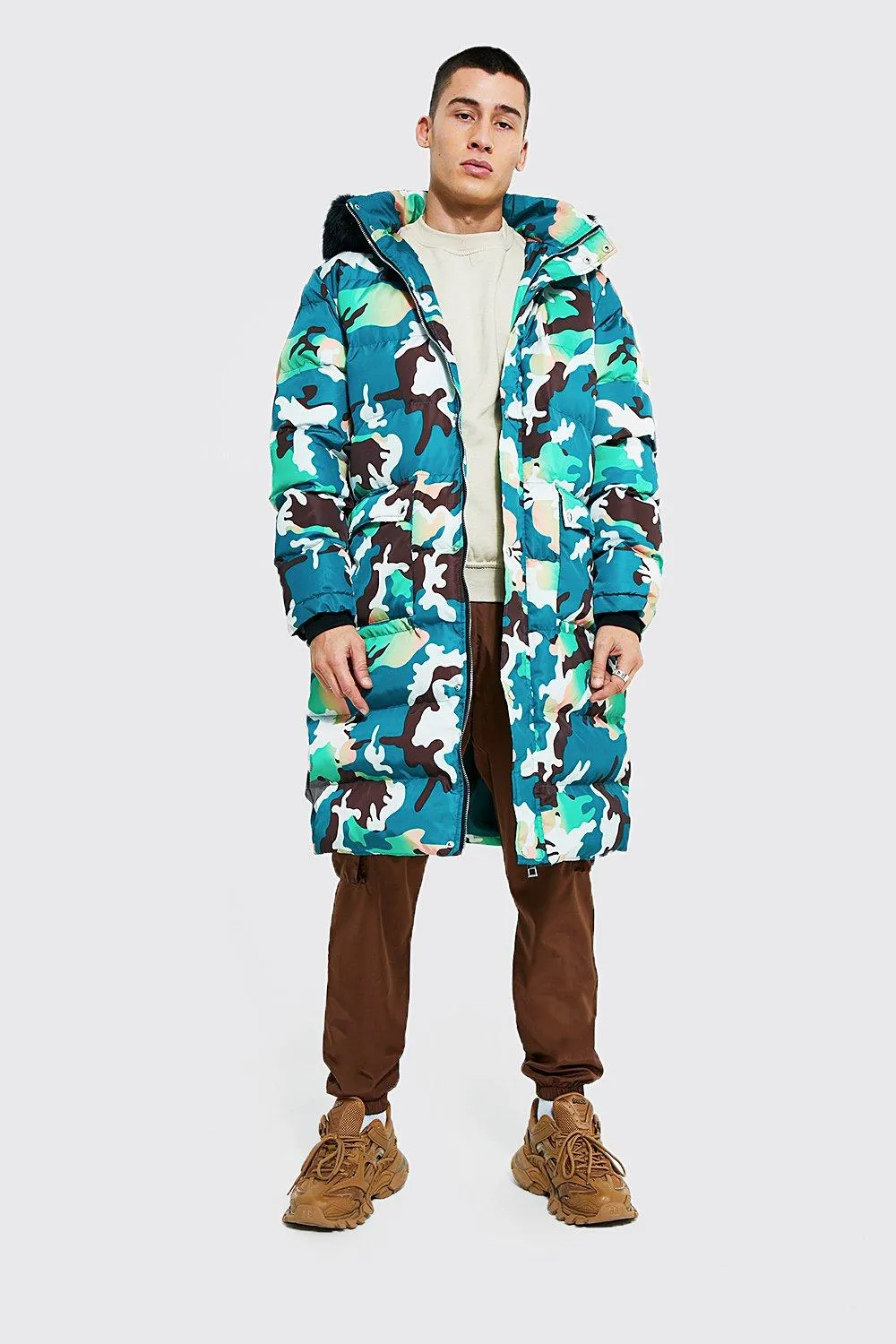 Longline Bright Camo Faux Fur Hooded Puffer | boohooMAN UK